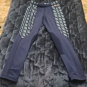 Navy Blue Athletic Leggings with Patterned Side Panels